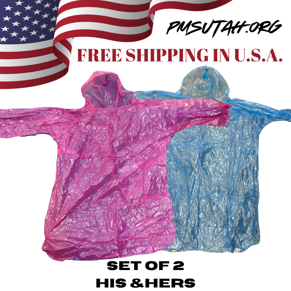 Set of 2 Portable Raincoats Hook Poncho Ball Disposable Emergency His & Hers - PMSUTAH